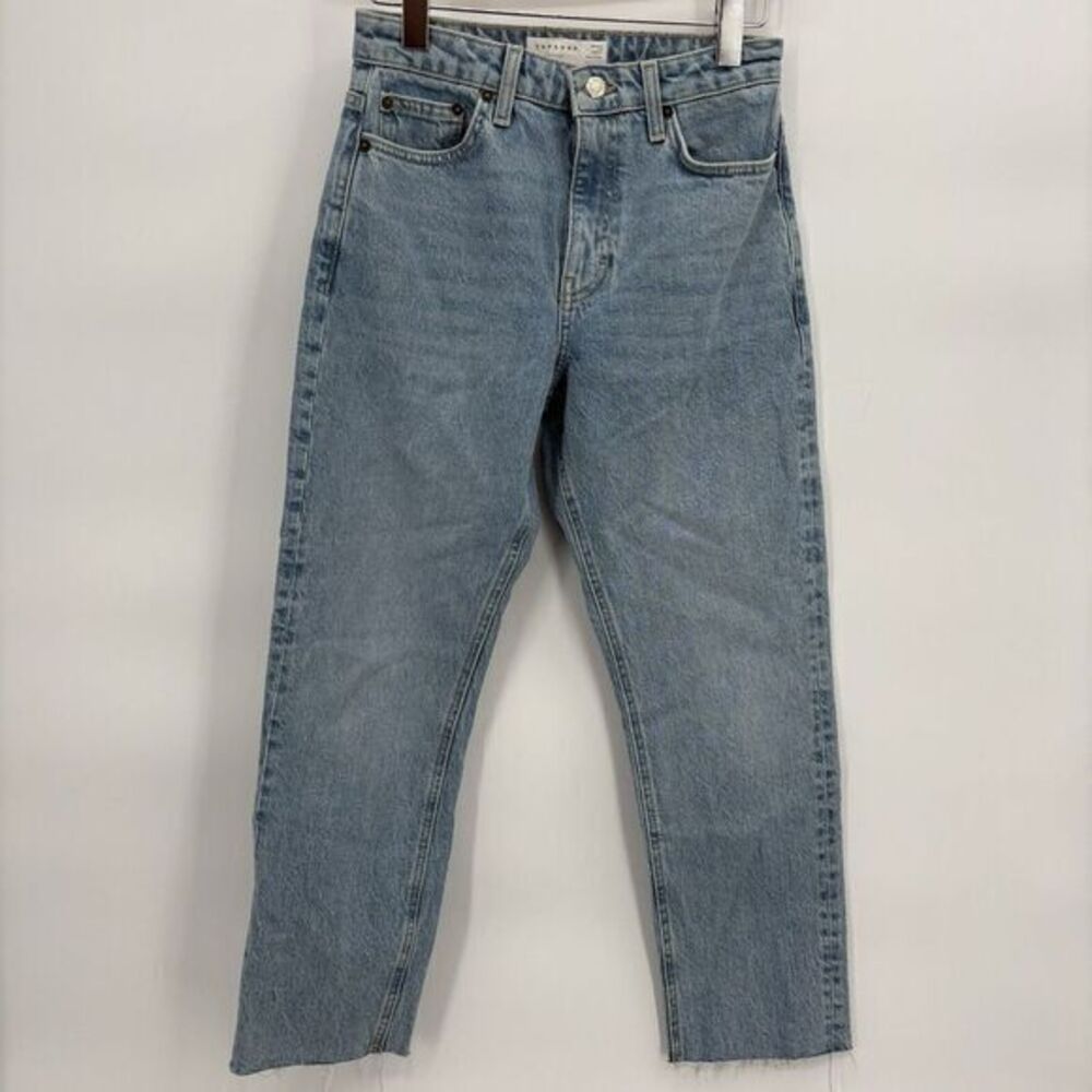 TopShop Medium‎ Wash Kort Straight Wide Leg High Rise Zip Fly Jeans 4 26